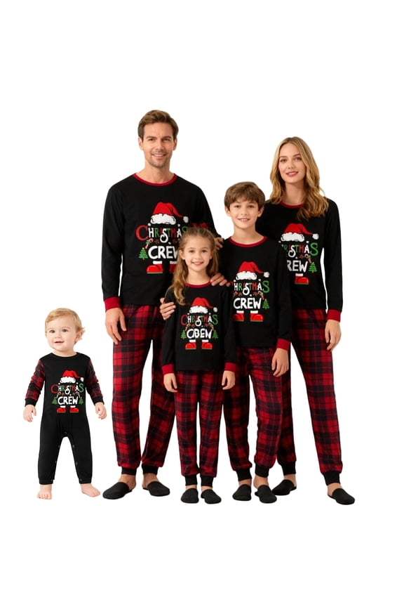 Christmas Family Pajamas Matching Set Santa Claus Print Long Sleeve Tops and Plaid Pants Sleepwear Soft Nightwear