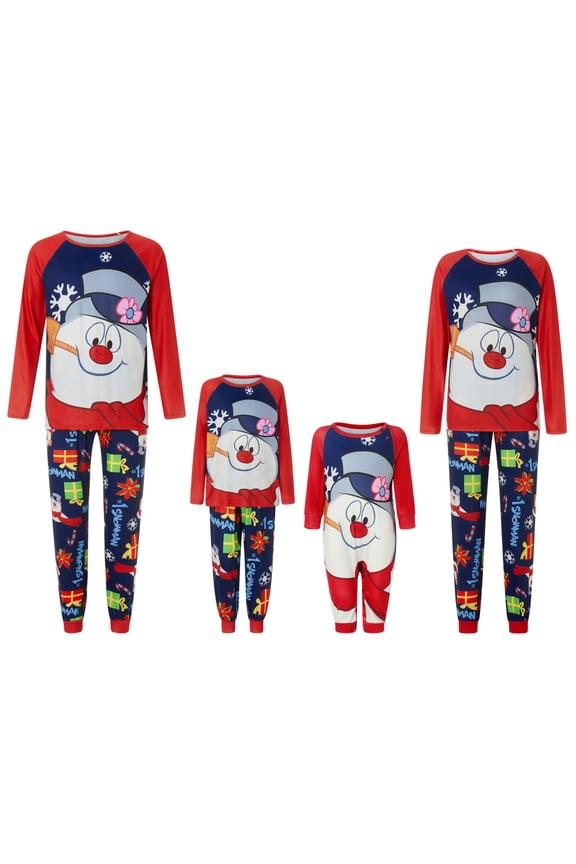 Christmas Family Pajamas Matching Set, Snowman Print Long Sleeve T-shirt with Pants Sleepwear Loungewear