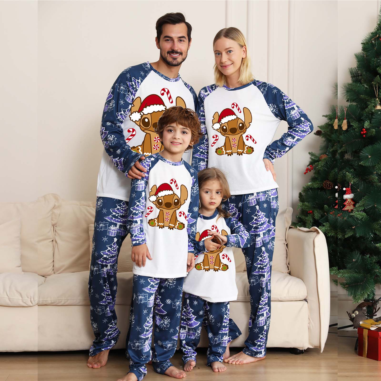 Christmas Family Pajamas Matching Set, Stitch Print Long Sleeve Tops ...