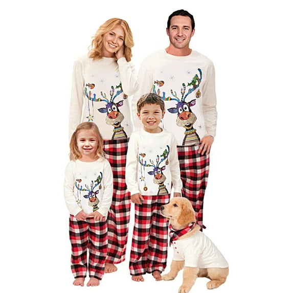Christmas Family Pajamas Matching Set,Xmas Long Sleeve Letters Print T-shirt with Plaid Pants Sleepwear Loungewear