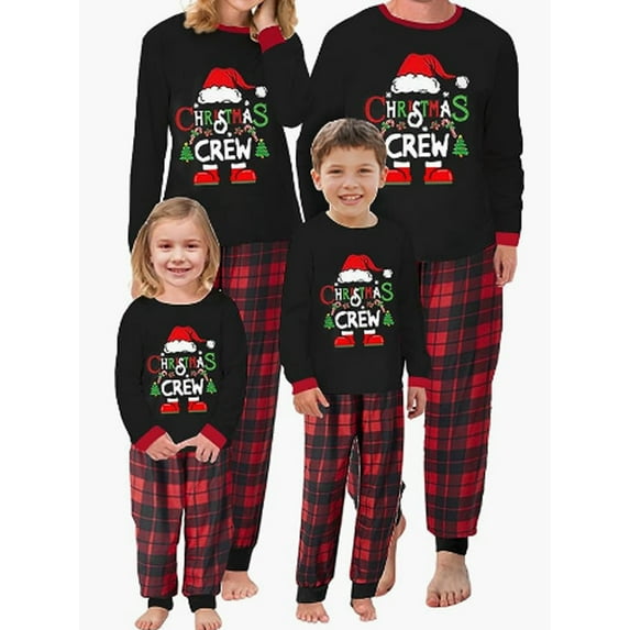 Christmas Family Pajamas Matching Set,Xmas Long Sleeve Letters Print T-shirt with Plaid Pants Sleepwear Loungewear