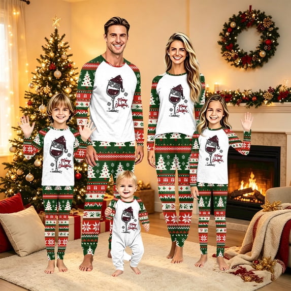 Christmas Family Pajamas Matching Sets Cute Xmas Red Wine Glass Crewneck Raglan Tops with Pants Holiday Casual Lounge Set Pjs