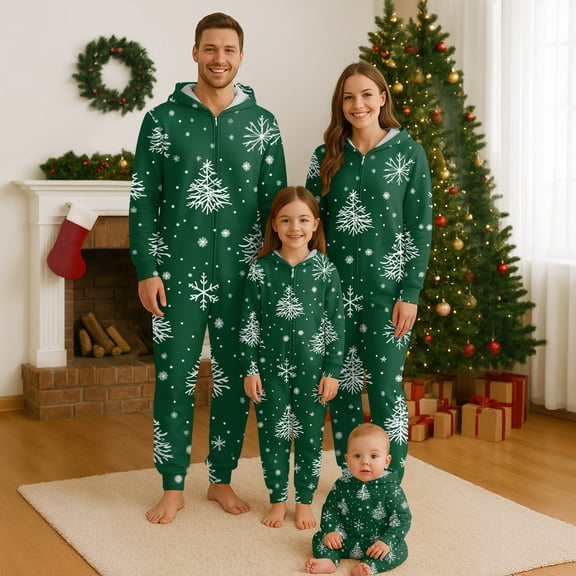 Christmas Family Pajamas Matching Sets – White Hooded Onesies with Large Snowflake Print for Adults & Couples, Holiday Home Family Sleepwear Set, Matching Christmas PJs for Family