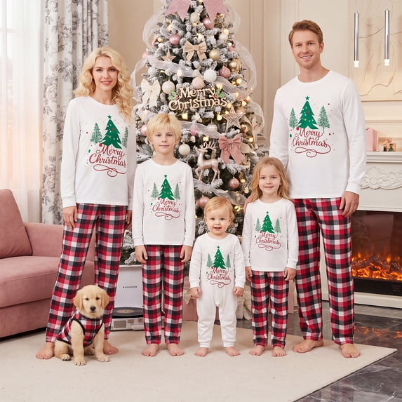 Christmas Family Pajamas Matching Sets with Dog Christmas Tree Print Plaid PJs