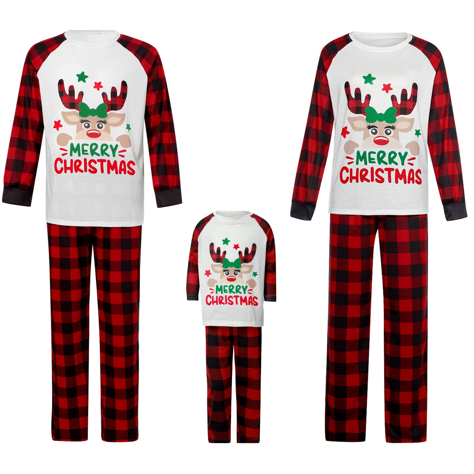 Christmas Family Pajamas Set, Deer Print Long Sleeve O-neck Tops+Plaid ...