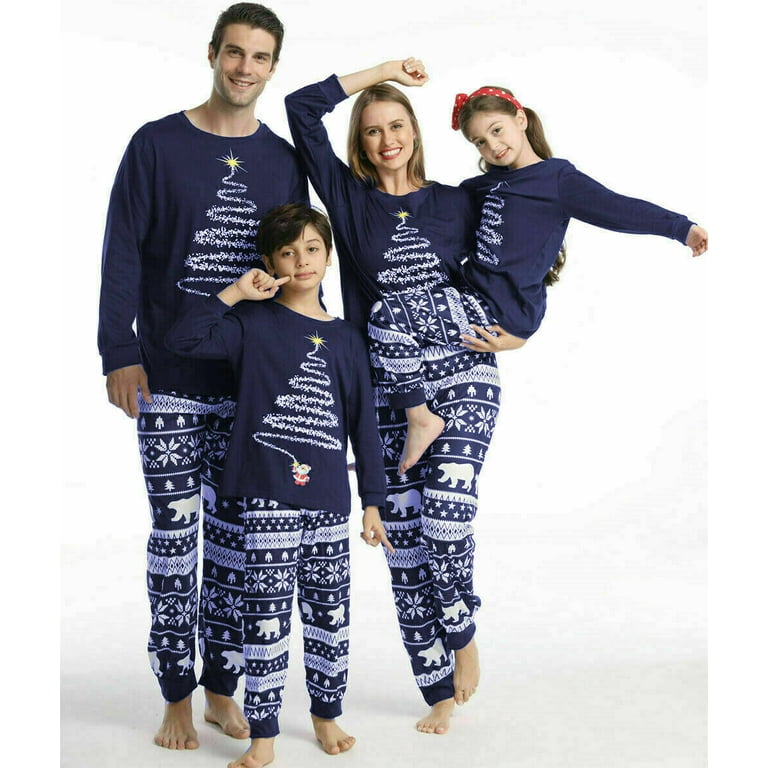 Christmas Family Pajamas Set Holiday Xmas Tree Printed Family Matching Nightwear Sleepwear PJs Sets for Dad Mom Kids Blue Dad XL
