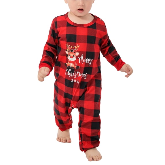 Christmas Family Pajamas Set Soft Color Blocking Crewneck Long Sleeve Loose Cute Animal Plaid Printed Sleepwear Set Christmas Print Baby 3‑6M