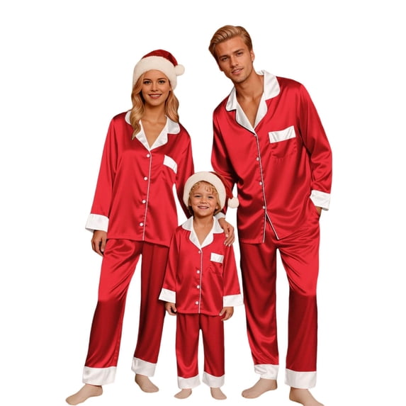 Christmas Family Pjs Silk Christmas Pajamas Long Sleeve Button down Sleepwaear Holiday Matching Family Christmas Outfits Kids Matching Christmas Pajamas