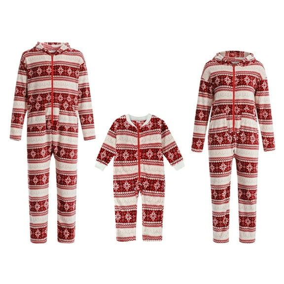 Christmas Family Romper Nightwear, Snowflake Print Long Sleeve O-neck/Hooded Long Jumpsuit Family Matching Pajamas Set