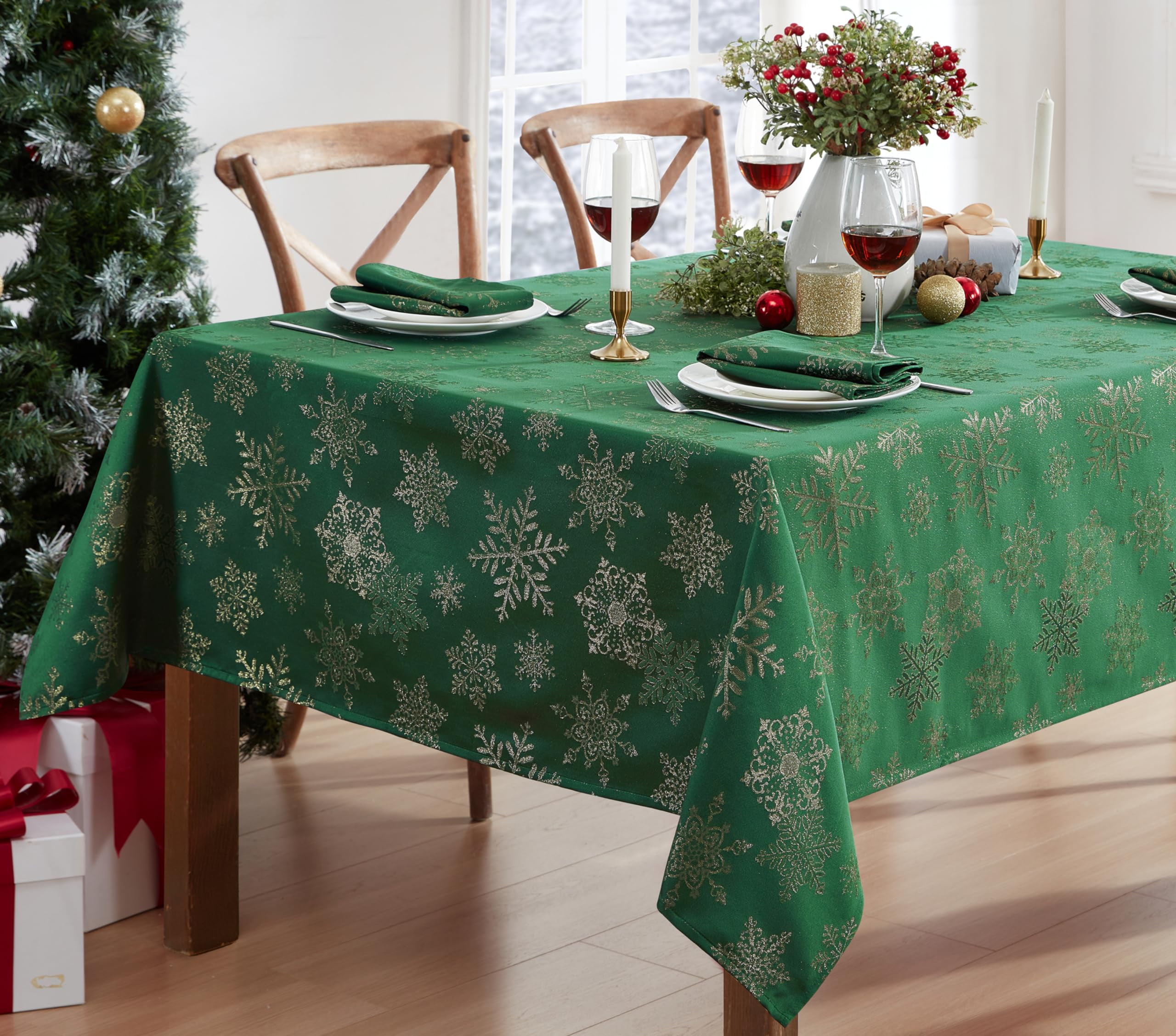 Hunter Green and Gold Snowflake Holiday Fabric Tablecloth, 52" x 70"