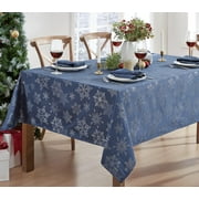 Christmas Fancy Navy and Silver Metallic Snowflake 52 x 52 inch Square Fabric Dining Tablecloth