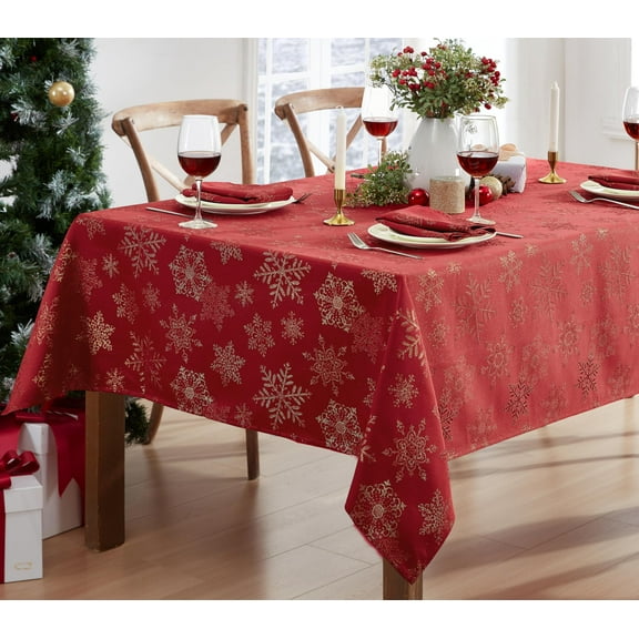 Christmas Fancy Red and Gold Metallic Snowflake 60 x 102 inch Rectangle Fabric Dining Tablecloth