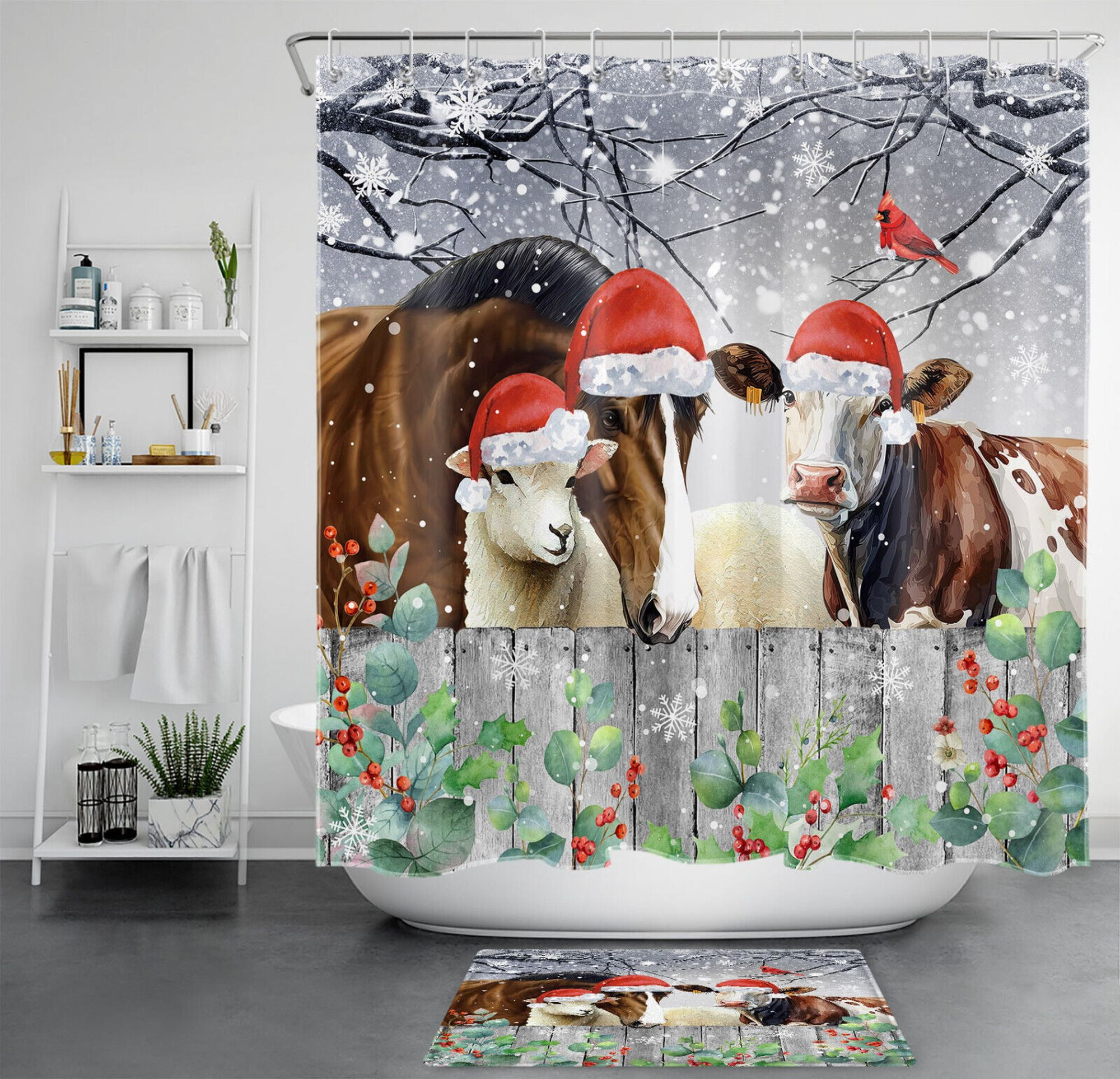 Christmas Farm Animal and Cardinal Bathroom Decor Winter Holiday Cow