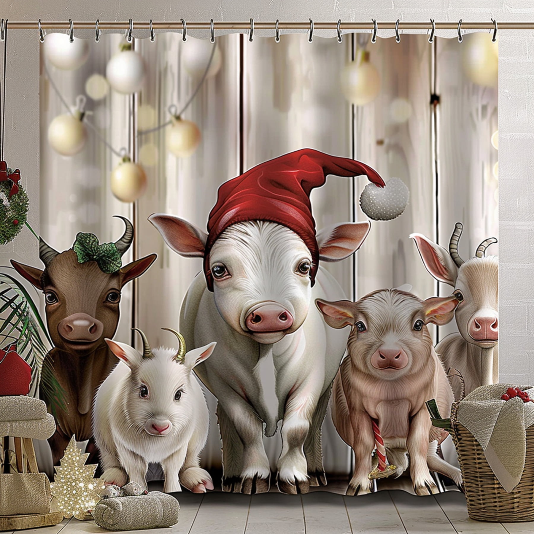 Christmas Farm Animals and Baby Elf Shower Curtain White Cow Brown Pig