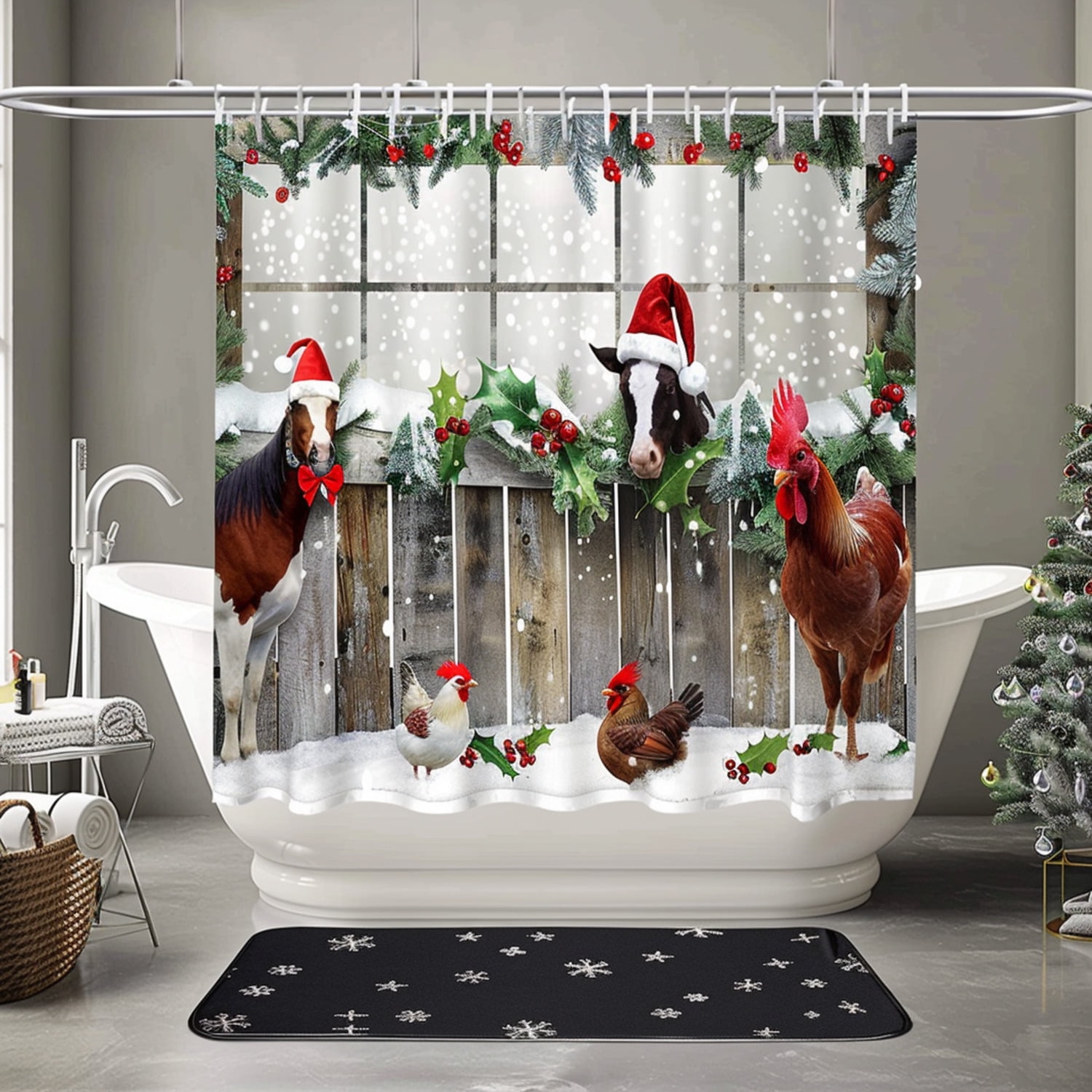 Christmas Farm Animals in Santa Hats 3D Wall Art with Snowy Fence