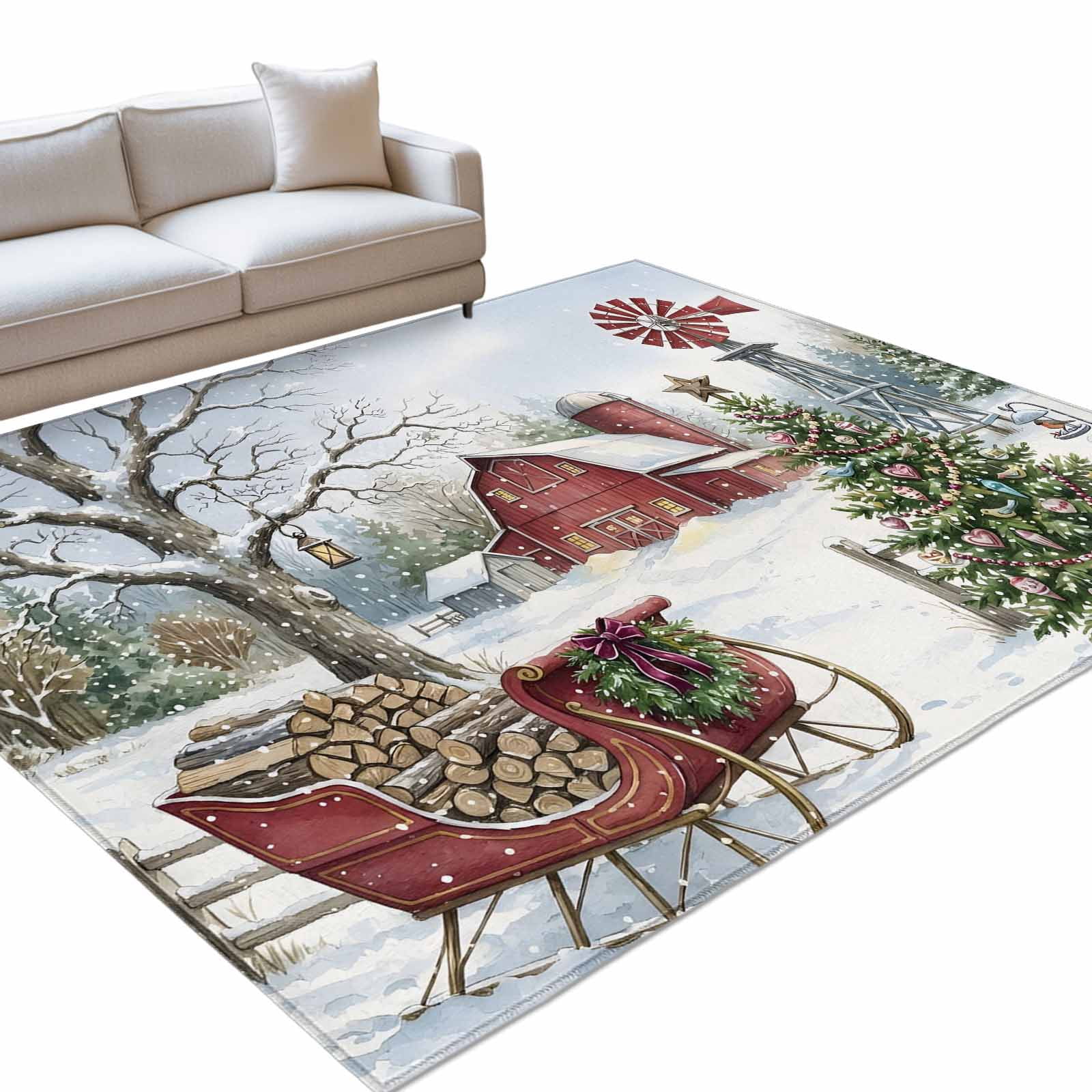 Christmas Farm Area Rug 5'x7', Winter Red Sleigh Barn Rustic Tree ...