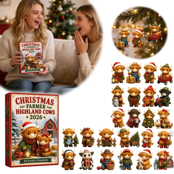 Christmas Farm Highland Cow Advent Calendar, 24 Days 2D Acrylic Blind Box Ornaments, Cute Cow Countdown for Christmas Tree & Car Rearview, 10.24x7.09in