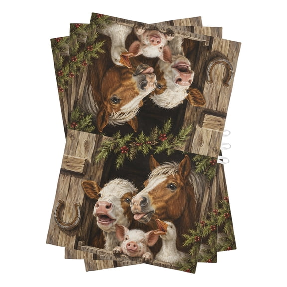 Christmas Farm Kitchen Towels Dish Towel Pack of 3 Winter Farmhouse Horse Calf Duck Pig Pine Tree Berry Soft Dish Cloth Set Absorbent Dishcloth for Drying Dishes, Hand Towels 18 x 28 Inches