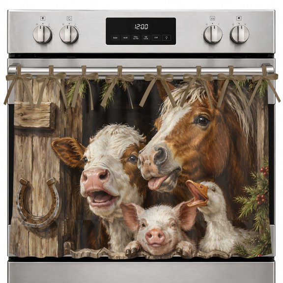 Christmas Farm Oven Curtain with Tie Top, Winter Farmhouse Horse Calf Duck Pig Pine Tree Berry Oven Skirt Curtains with Tie Top Cabinet Cover Curtain for Kitchen Apartment Decor 30 x 21.5 Inches
