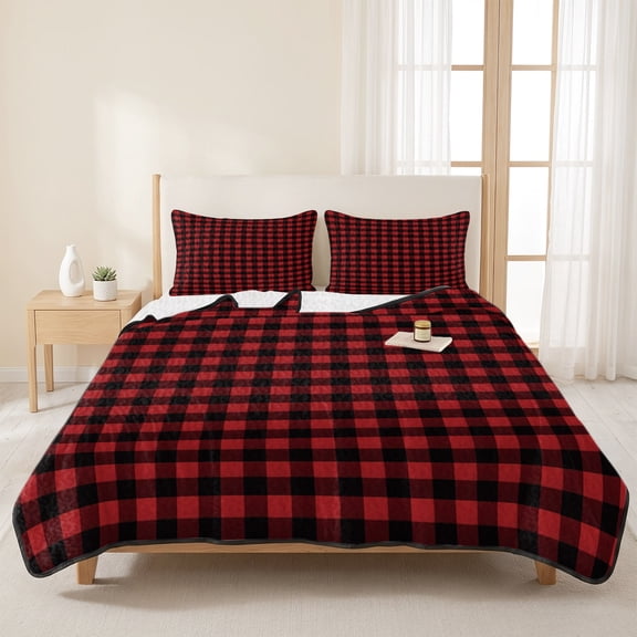 Christmas Farm Red Black Buffalo Gingham 3 Pieces Quilt Set,1 Quilt with 2 Shams,Rustic Classic Check Bedspread Soft Lightweight Bedding Coverlet Comforter Set for All Season 96"x106"