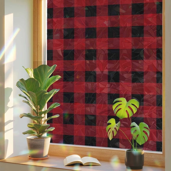 Christmas Farm Red Black Buffalo Plaid Window Privacy Film, Rainbow Film Decorative Window Sticker 17.7x39.3in, Pastoral Check Grid Sun Blocking Static Stained Glass Cling Tint Non-Adhesive