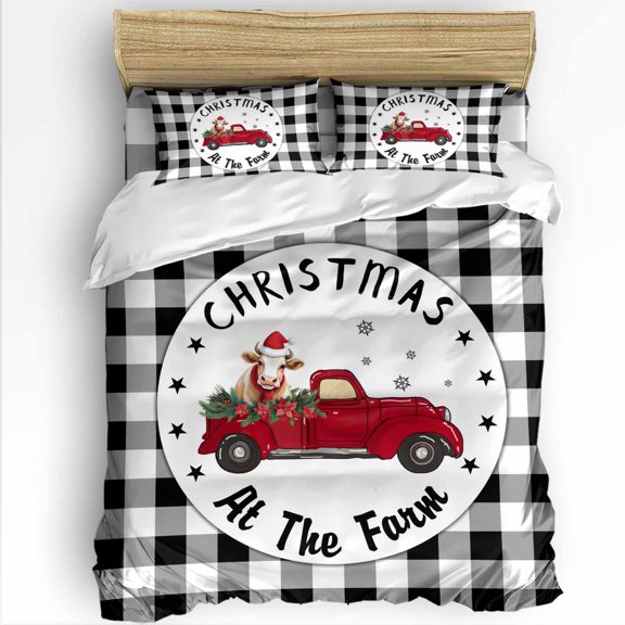 Christmas at The Farm Twin Size Comforter Set, Xmas Truck Cow White Black Plaid Country Bedding for All Seasons, 4 Pcs Bed Set with 1 Comforter (68"x86") ,1Sheet(66"x116"), 2 Pillowcases (19"x29")