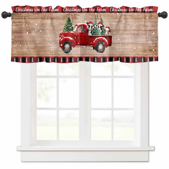 Christmas on The Farm Valances for Windows, Cow Truck Wood Grain Xmas Tree Plaid Light Filtering Window Treatment Valances, Rod Pocket Small Curtains for Kitchen/Bathroom, 56"x16"