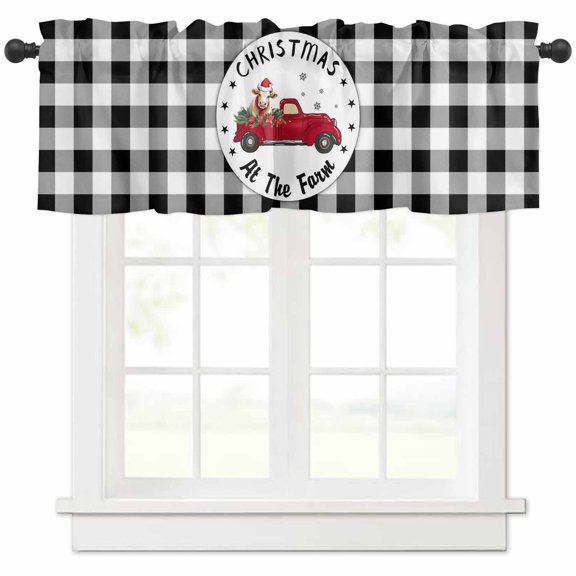 Christmas at The Farm Valances for Windows, Xmas Truck Cow White Black Plaid Country Light Filtering Window Treatment Valances, Rod Pocket Small Curtains for Kitchen/Bathroom, 56"x16"