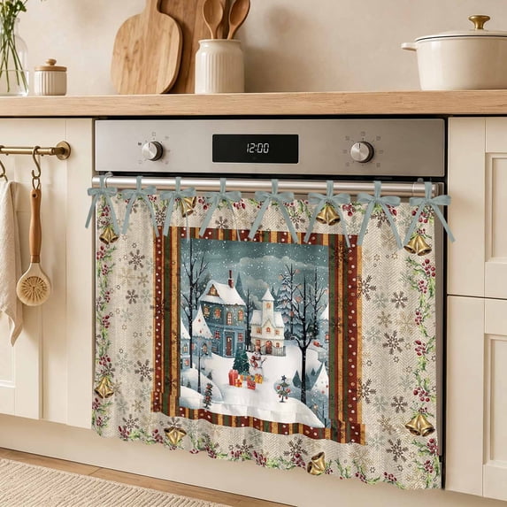 Christmas Farm Winter Snow Scene Oven Skirt Curtain Farmhouse Kitchen ...