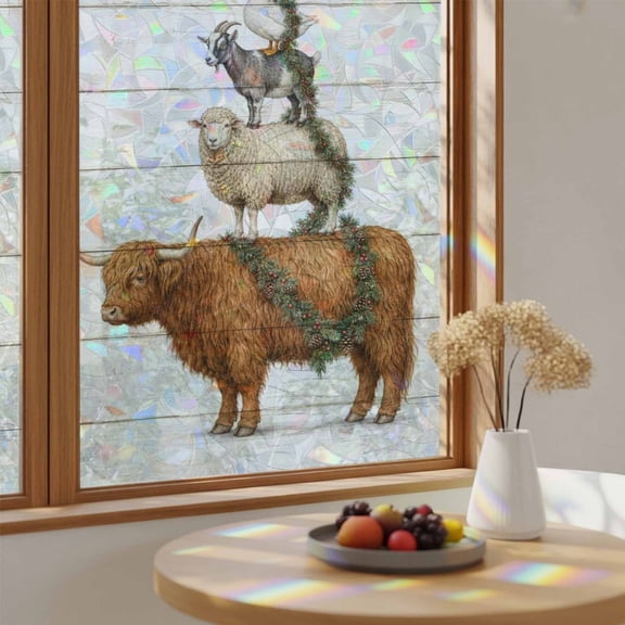 Christmas Farm Wood Window Privacy Film,Heat Control Sun Blocking Static Cling Rainbow Film,Rustic Highland Sheep Duck Non-Adhesive Glass Sticker Door Window Tint,17.7" x 39.3"
