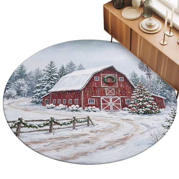 Christmas Farmhouse Area Rug 6', Winter Red Barn Windmill Green Pine ...
