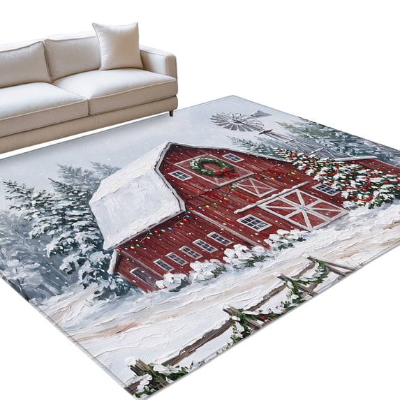 Christmas Farmhouse Area Rug 8'x10', Winter Red Barn Windmill Green ...