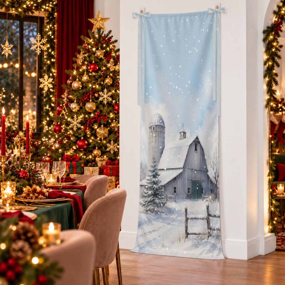Christmas Farmhouse Banner Fabric Backdrop, 27X78 Inch Winter Pastoral Barn Pine Tree Snowflake Welcome Sign Banner with Hanging String, Reusable Backdrop for Wedding Birthday Party Yard Wall Decor