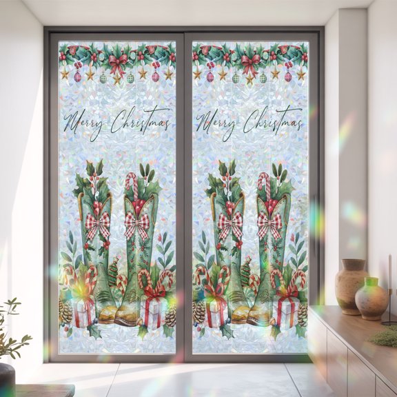 Christmas Farmhouse Boots Window Privacy Film,Decorative Windows Static Cling Xmas Berry Heat Control Removable Glass Sticker for Home Bathroom Bedroom Window Door,35.4x78.7in