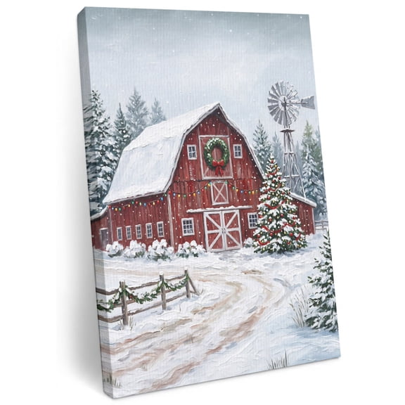 Christmas Farmhouse Canvas Wall Art for Living Room, Winter Red Barn Windmill Green Pine Tree Snow Poster Print Painting for Bedroom Office Home Decoration Wall Pictures Prepare To Hang 16"x24"