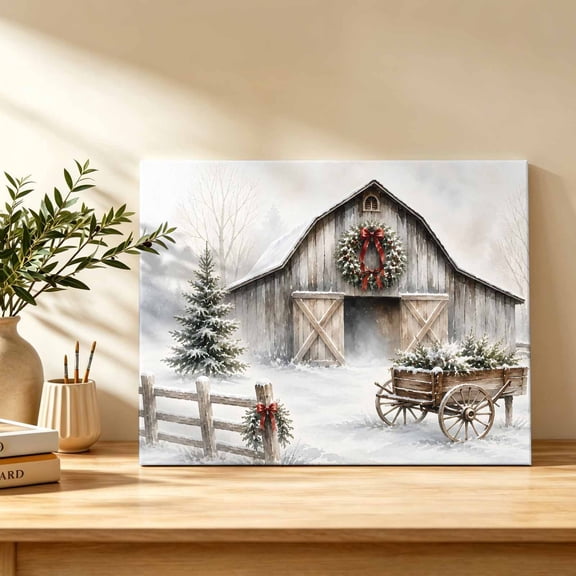Christmas Farmhouse Canvas Wall Art, Winter Country Barn Green Pine Tree Wreath Bow Wall Art Prints Artwork Framed Canvas Ready to Hang Art Pictures for Bathroom, Dressing Table, Entryway 12" x 8"