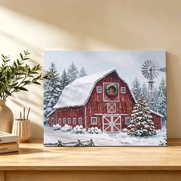 Christmas Farmhouse Canvas Wall Art, Winter Red Barn Windmill Green Pine Tree Snow Wall Art Prints Artwork Framed Canvas Ready to Hang Art Pictures for Bathroom Bedroom Entry Desk Corner 10" x 8"