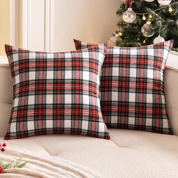 Christmas Farmhouse Classic Set of 2 Scottish Tartan Throw Pillow Cover 12x20 Inch, Red and White