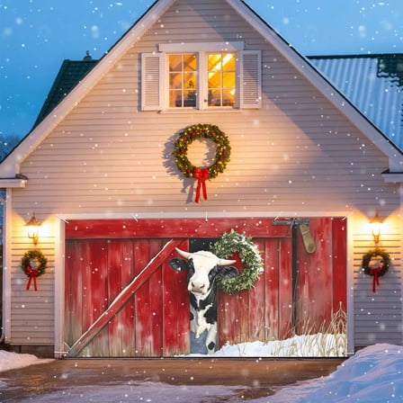 Christmas Farmhouse Garage Door Banner Covers, Wreath Cow Red Wood Texture Large Hanging Indoor/Outdoor Backdrop Background for Christmas Winter Party Decor, 6.9x16 FT