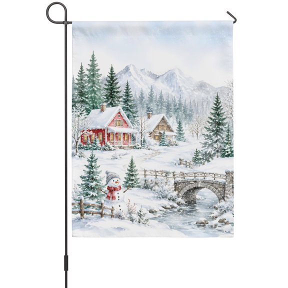 Christmas Farmhouse Garden Flag 12 x 18 Inches, Winter Mountain Forest Pine Xmas Tree Snowflake Weather Proof Outdoor Patio Flags Double Sided Small Garden Decoration for Yard Outside Home