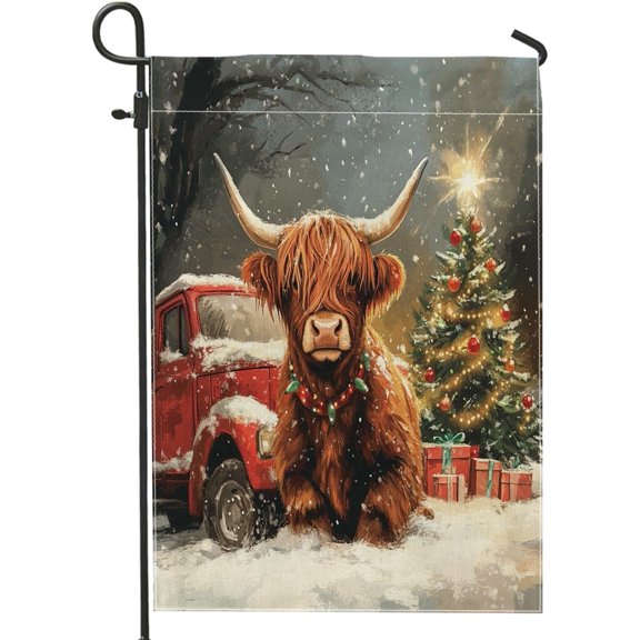 Christmas Farmhouse Highland Cow Garden Flag 12x18 Inch Double Sided Canvas With Truck And Tree Pattern For Outdoor Front Yard Or Backyard Lawn