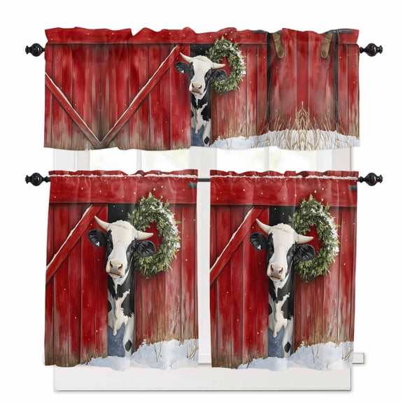 Christmas Farmhouse Kitchen Curtains and Valances Set, Wreath Cow Red Wood Texture Rod Pocket Window Valance 18 Inch Window Curtain Panels for Living Room Bedroom Laundry, 27.5x24in, 3 Pieces