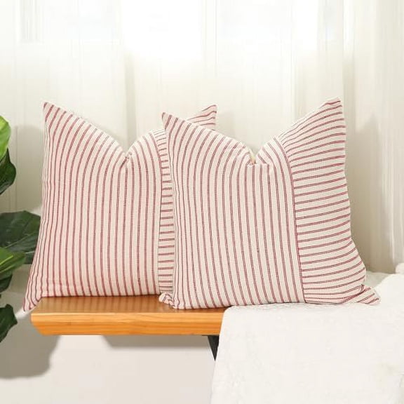 Christmas Farmhouse Pillow Covers 24x24, Large Red Throw Pillow Covers Set of 2, Striped Linen Decorative Pillows Cushion Covers for Couch Chair Beding Xmas Winter Decorations(Red)
