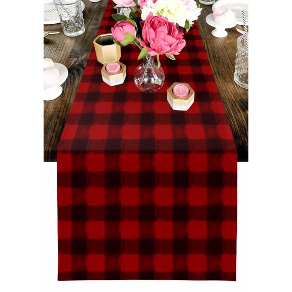 Christmas Farmhouse Table Runner, Classical Red Black Buffalo Plaid Washable Cotton-linen Table Runners Dining Kitchen Decoration for Everyday Home Wedding Party Decor, 13 x 120 Inch