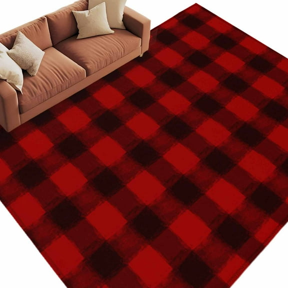 Christmas Farmhouse Washable Area Rug 8 x 10 ft Classical Red Black Buffalo Plaid, Soft Non Slip Rugs Stain Repellent Indoor Felt Carpet for Living Dining Room Bedroom Home Office
