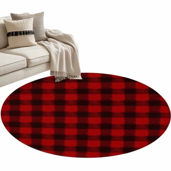 Christmas Farmhouse Washable Round Area Rug 3.3 ft, Classical Red Black Buffalo Plaid, Soft Non Slip Rugs Stain Repellent Indoor Felt Carpet for Living Dining Room Bedroom Home Office