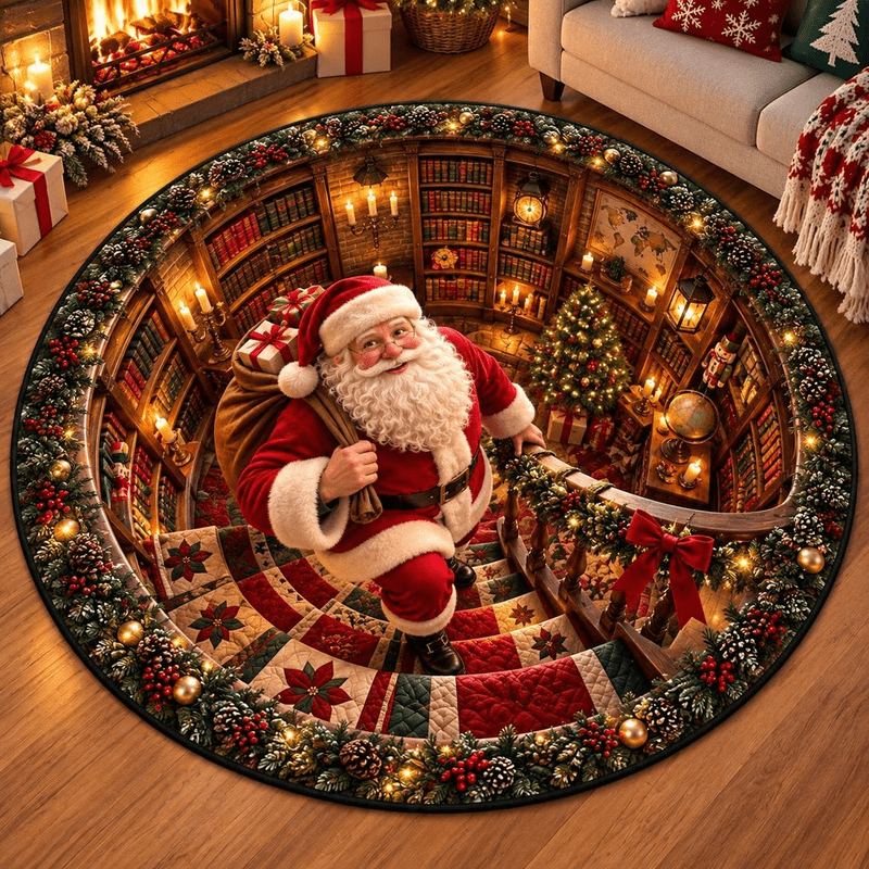 Fancy Round Rug Christmas Faux 3D Illusion Round Rug, Santa Claus Holiday Library ...