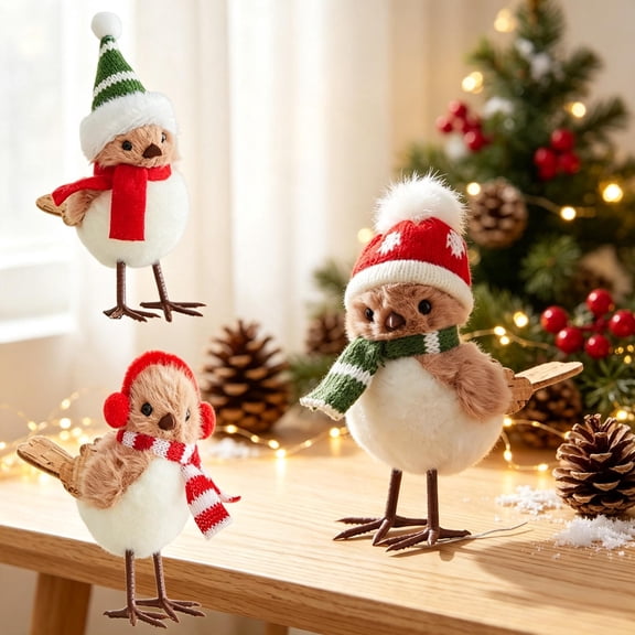 Christmas Faux Bird Figurine Ornament, Plush Bird Statue with Knit Hat & Scarf, Cute Winter Bird Tabletop Decor for Xmas Tree Mantel Dining Table Window Christmas Holiday Home Decorations