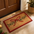 thumbnail image 1 of Christmas Faux Coir Doormat, 30" × 18", Red Bow and Green Leaf Design on Brown with Red Border, Rectangular Entryway Floor Accent, 1 of 6