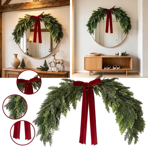Christmas Faux Norfolk Pine Wreath with Red Velvet Bow, Christmas Wreath, 35 Inch Artificial Half Wreath for Christmas Mirror, Door, Fireplace Decor